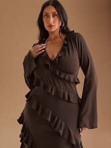 SHEIN BAE 大码长袖连衣裙，浪漫甜美荷叶边秋季连衣裙，适合约会、旅行、秋季内衣、蝴蝶结、女士夏季连衣裙、女士节日派对服装、优雅、生日服装、网眼、性感连衣裙、大码生日礼服、上衣、合身、纯色T恤、女士基本款上衣、西方女装、夏季衬衫、夏季上衣、紧身衬衫、复活节、春季服装、情人节 - 棕色 - 查看 3