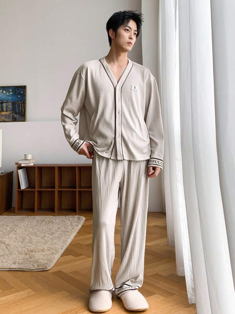 Khaki Letter Embroidery Men's Loungewear Set, Autumn, Fall & Winter Clothes