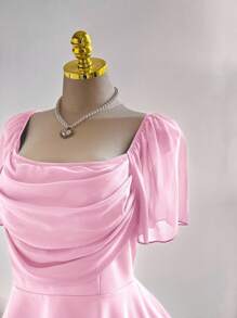 Sweetra 大码女式优雅浪漫雪纺荷叶边袖、荷叶边领、荷叶边下摆腰衬衫 - 粉色 - 查看 5