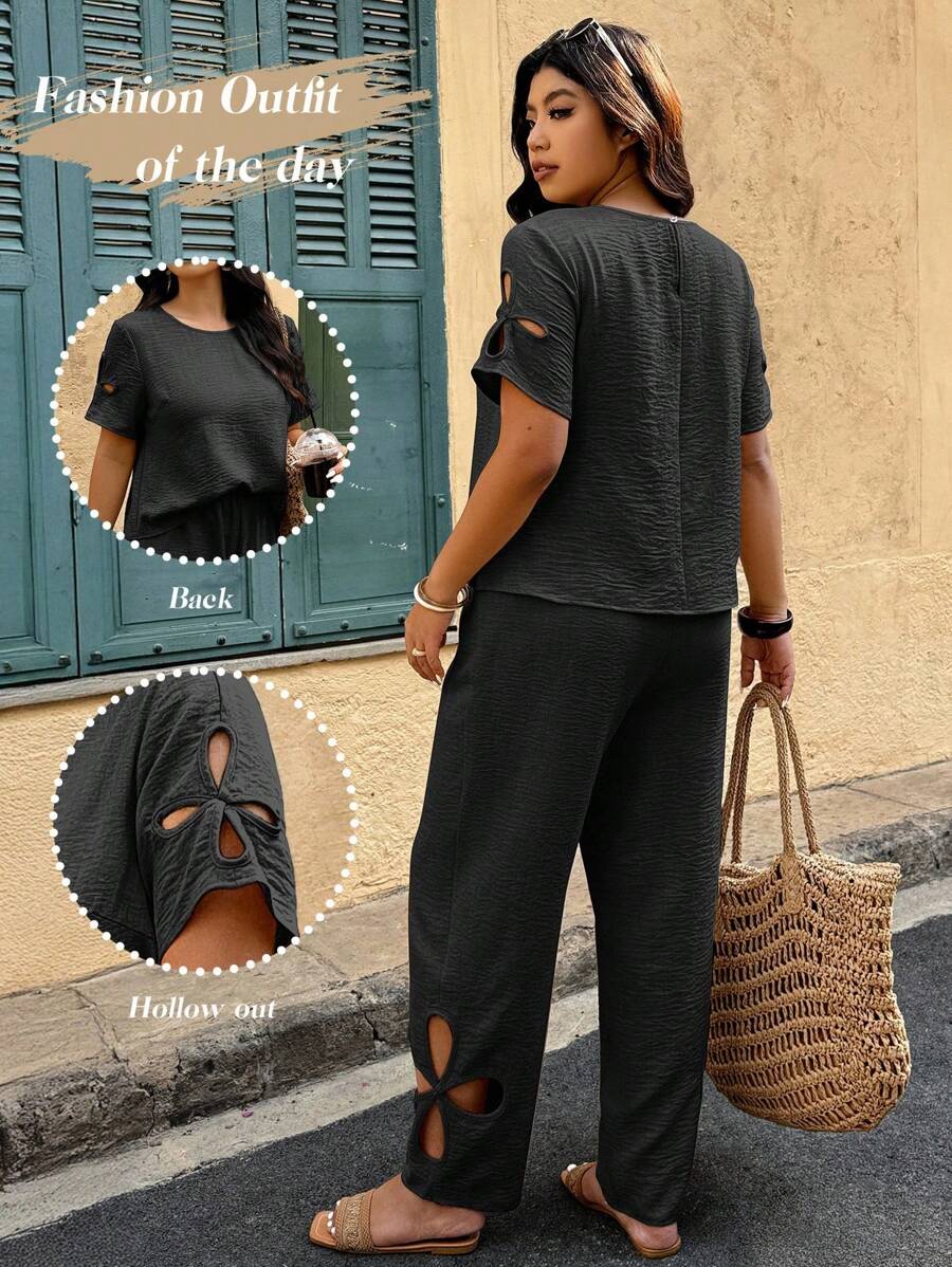 Breezaya Plus Size Women Summer Casual Solid Color Hollow Out Short Sleeve Top And Wide-Leg Pants 2 Pieces Set