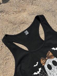 Attitoon Camiseta sin mangas de mujer con gráfico minimalista divertido de fantasma, calabaza y encaje de Halloween