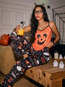 Miss Vinta Vintage Casual Ghost & Pumpkin Halloween Print Camisole & Pants Women Pajama Set Orange Pajama Set Women Halloween Pjs Women Halloween Pajama Set - Black - View 5