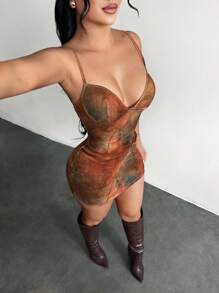 SHEIN SXY 女式性感细肩带扎染修身迷你连衣裙 - 彩色 - 查看 4