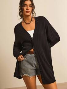 SHEIN LUNE Plus Solid Button Front Cardigan In Fall/Winter - Black - View 7