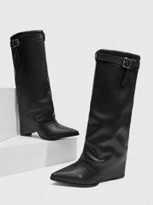 Daringsoles 女式尖头粗跟绒面西部流苏靴，修身高筒靴 - 黑色 - 查看 4