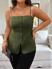 Vionelle 女士春夏法式优雅通勤下午茶派对前扣开衩下摆吊带背心 - 軍綠色 - 查看 4