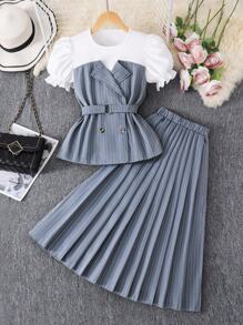 SHEIN 2 件套青少年女孩通勤风格白色拼接杏色短袖褶皱长裙，春夏 - 卡其色 - 查看 4