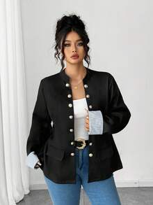 Elenzga Plus Size Retro Stand Collar Double-Breasted Long Sleeve Contrast Striped Cuff Women Jacket Fall Winter Cloth For Women Autumn - Black - View 3