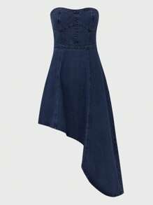 Daynim 女式休闲无袖不对称牛仔连衣裙 - 深色水洗藍 - 查看 6