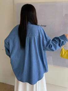 Dazy Plus Plus Size Loose Turndown Collar Long Sleeve Denim Shirt, Spring & Autumn,Jeans Jacket,Fall Women Clothes - Medium Wash - View 2