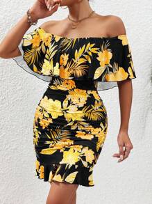 Selianne Đầm ôm body trễ vai in họa tiết cây xanh trang phục đi biển cho nữ - Màu vàng - Xem 3