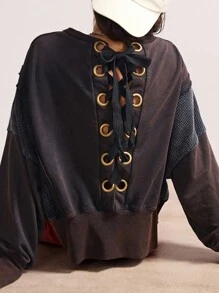 Bohemela BOHO Vintage Casual Solid Color Knit Long Sleeve Drawstring Backless Sweatshirt For Women In Fall/Winter - Black - View 1