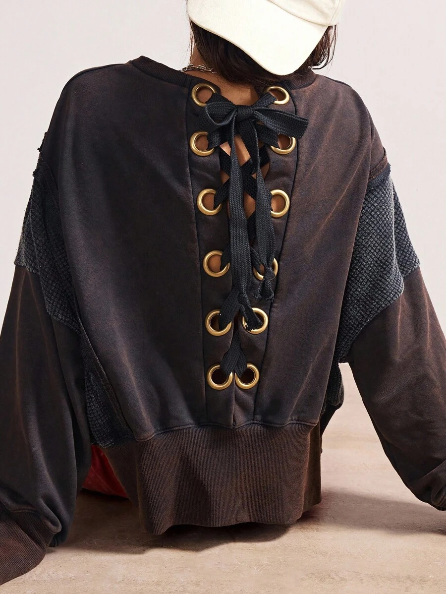 Bohemela BOHO Vintage Casual Solid Color Knit Long Sleeve Drawstring Backless Sweatshirt For Women In Fall/Winter - Black - View 1