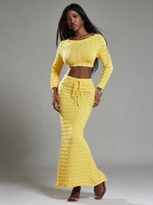 NYA SZN 抽绳束带度假春夏外出性感弹力针织超长黄色毛衣裙 - 黃色 - 查看 4