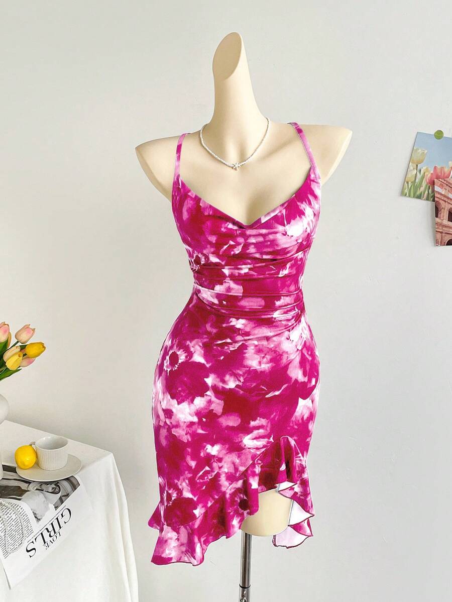 Soleia 女士节日蓝色扎染大花印花低胸交叉露背褶饰不对称下摆荷叶边下摆中长连衣裙，适合派对、约会、情人节、城市街头假日、分层扎染连衣裙粉色扎染连衣裙夏季连衣裙粉色连衣裙生日连衣裙