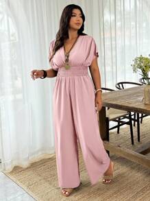 EMERY ROSE 大码夏季简约优雅纯色束腰连体裤 - 粉色 - 查看 3