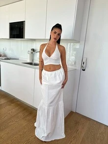 Lucia Bellido Summer Solid Backless Crop Halter Top - White - View 5