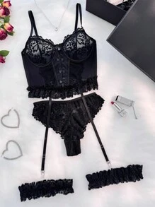Floral Lace Underwire Garter Corset Lingerie Set UnderwearOuter, Baddie Look - Black - View 6