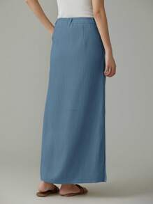 EMERY ROSE Women Solid Color Pocket Side Slit Hem Straight Casual Skirt - Blue - View 2