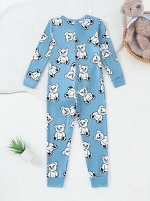 SHEIN Young Boy Bear Print Long Sleeve & Pants Flame Retardant Hooded Jumpsuit Bodysuit Loungewear - Multicolor - View 2