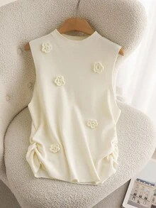 CosyJoli Plus Size Women's Floral 3D Decor Round Neck Knitted Vest 3d Flower Top Cute Top Pastel Yellow Top Sleeveless Top Cream Top In Fall/Winter - White - View 6