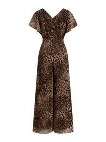 Ellevyn 女式豹纹性感长款连体衣，优雅雪纺豹纹透明连体裤 - 咖啡棕 - 查看 9