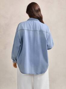 Zelara Plus Flap Pocket Roll Tab Sleeve Denim Shirt, Fall Women Clothes