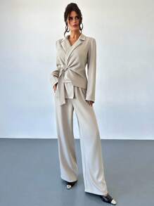 Firerie Women's Elegant Casual/Office/Formal Khaki Asymmetrical Lapel Metal Button Tie Waist Asymmetrical Hem Long Sleeve Blazer And Wide Leg Pants Suit In Fall/Winter - Khaki - View 5