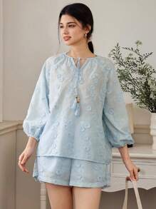 DAZY Women's Summer Loose Casual Holiday Beach Hollow Lace 3D Jacquard Drawstring Spaghetti Strap Beaded Tassel Decor Top And Shorts 2 Pieces Set