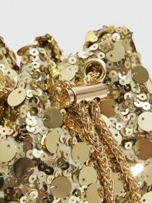 CUCCOO SZL 1个链条抽绳封口PVC亮片闪亮金属仿珍珠装饰彩色女士水桶包单肩斜挎金色手拿包，时尚礼物，适合女士派对晚装，完美搭配女士舞会礼服、舞会配饰、亮片连衣裙、闪亮连衣裙、优雅连衣裙、优雅舞会包，完美搭配新娘派对、金色包包、亮片 - 金色 - 查看 10