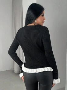 EURMUSE 女士荷叶边下摆罗纹针织 V 领套头衫 - 黑色 - 查看 2