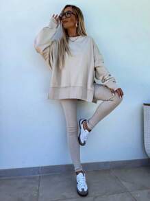 INAWLY Ladies' Solid Color Simple Daily Long Sleeve Top And Long Pants Two-Piece Fall Cloth For Women - Apricot - View 1