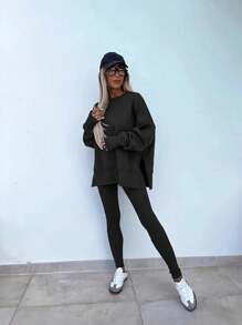 INAWLY Setelan Kasual 2 Potong Wanita Warna Polos, Kerah Bulat, Lengan Panjang, Belahan Samping di Bagian Bawah, Atasan Sweatshirt dan Celana Panjang, Musim Semi/Gugur - Hitam - View 6