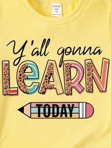 SHEIN 返校可爱铅笔印花休闲薄荷绿短袖T恤，适合年轻女孩 - 黃色 - 查看 5