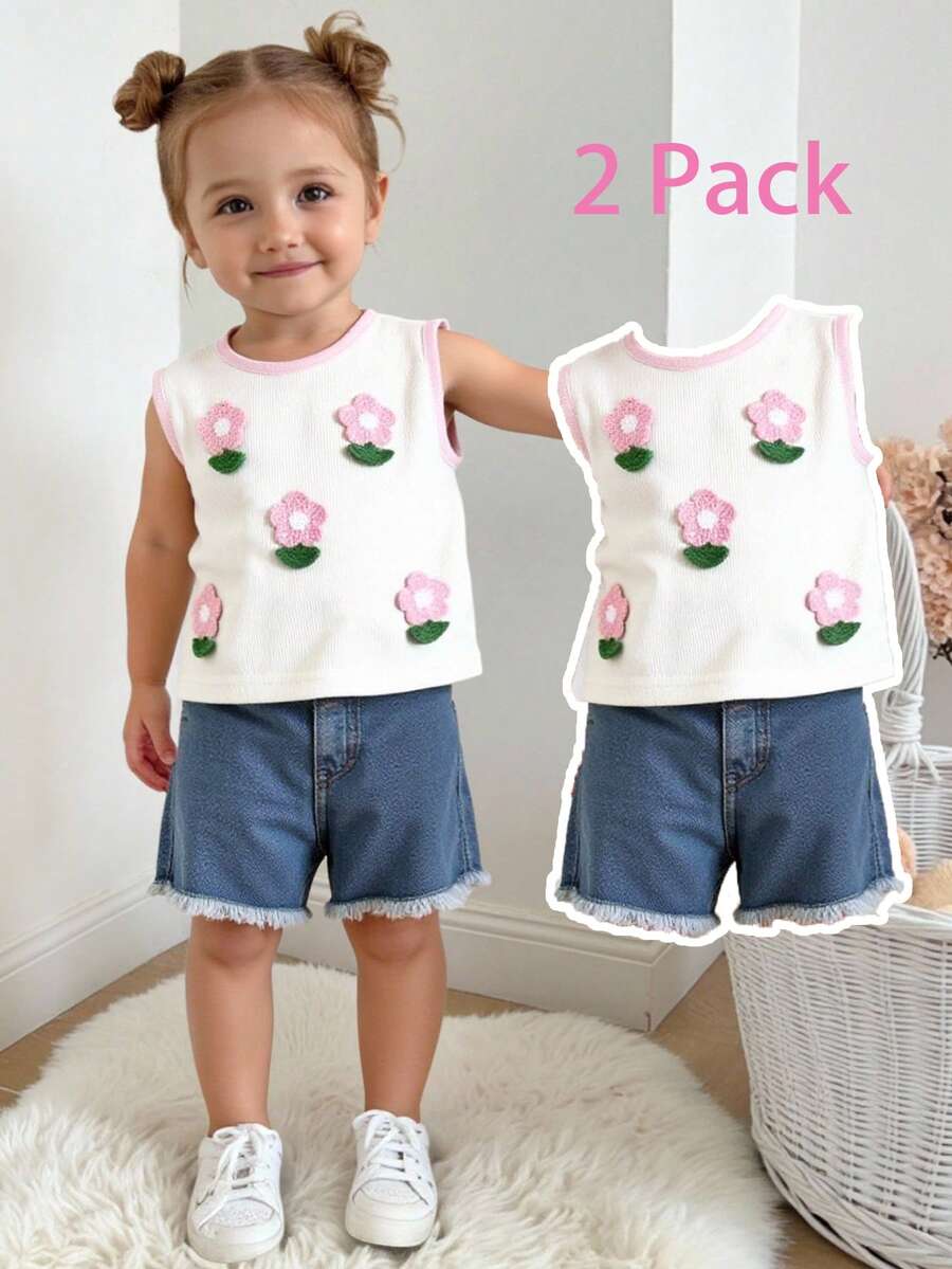 SHEIN Baby Mädchen Sommer Set aus süßem Blumen Strick Cami-Top und Denim Shorts mit elastischem Bund