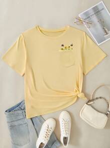 INAWLY Áo thun tay ngắn thêu hoa và ong cỡ lớn dành cho nữ, mùa hè - Màu vàng - Xem 3