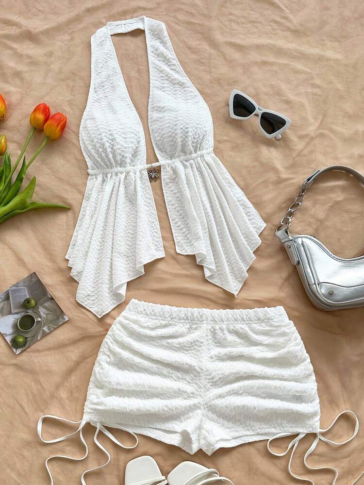 Soleia Women's Vacation 2 Pieces Set: Cream White Textured Knit Halter Backless Tie Crop Top And Low Waist Ruched Drawstring Shorts, Suitable For Holiday Dates, Afternoon Tea, Parties, Beach, Cruise, City Vacation, Island Vacation, Music Festivals, Boho Vacation, Can Be Worn Inside Or Outside As A Beachwear Set Women Summer Set White Summer Outfit Two Piece White Set White Two Piece Set Vacation Outfits Women White Beach Outfit White Two Piece Set Women Two Piece White Set Women Women Summer Outfit Set - White - View 5
