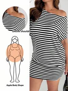 SHEIN Essnce Váy thường ngày cỡ lớn dành cho nữ, Váy trễ vai, Váy mùa hè dành cho nữ, Váy xòe, Váy kẻ sọc - Đen và trắng - Xem 1