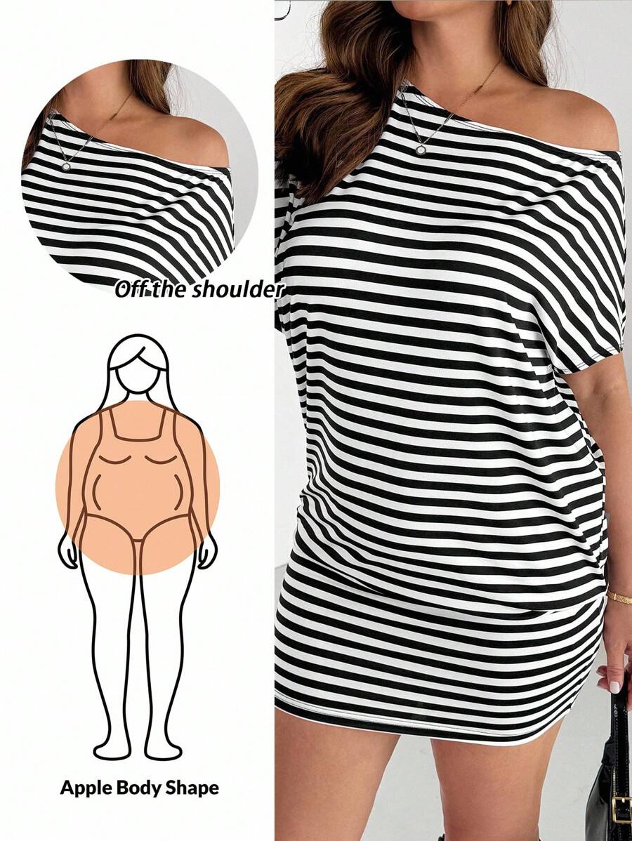 SHEIN Essnce Váy thường ngày cỡ lớn dành cho nữ, Váy trễ vai, Váy mùa hè dành cho nữ, Váy xòe, Váy kẻ sọc - Đen và trắng - Xem 1