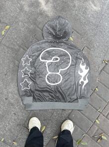 Manfinity EMRG Men's Casual Slogan Print Thermal Lined Hoodie Sweatshirt, Autumn/Winter, Who Cares Get Some Money Hoodie, Grey Zip Up Hoodie, Y2K - Grey - View 2