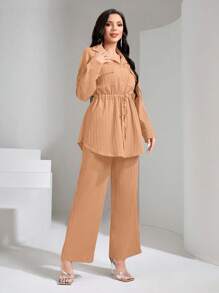 Mulvari Flap Pocket Drawstring Waist Shirt & Wide Leg Pants 2 Pieces Set Modest - Orange - View 4