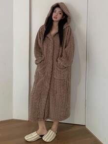 Dazy Plus Plus Size Women's Textured Flannel Hooded Fluffy Robe, Thick Warm Sleepwear For Winter,Thermal Lined, Fall, Cozy