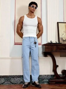 SWAVVY 男士天蓝色修身口袋休闲时尚长牛仔裤 - 藍色 - 查看 5