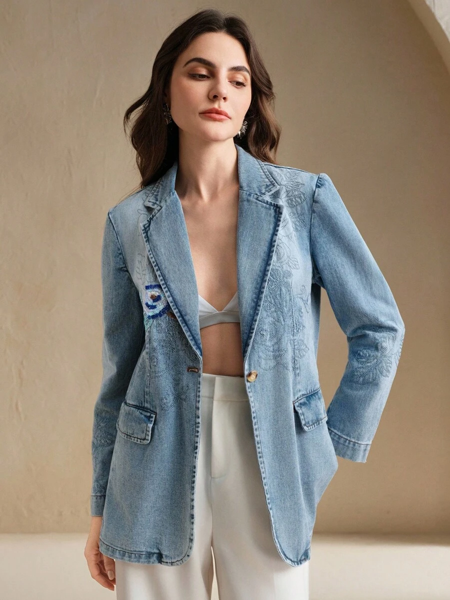 Anewsta Luxury Embroidered Beaded Denim Casual Blazer