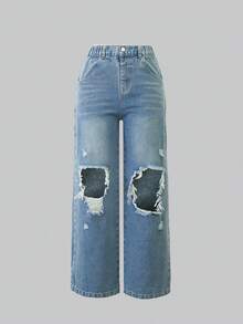 SHEIN Girls' Y2K Style Loose Distressed Vintage Washed Wide Leg Jeans With Drawstring Waist, Casual & Fashionable For Daily Wear Fall Winter - Medium Wash - View 3