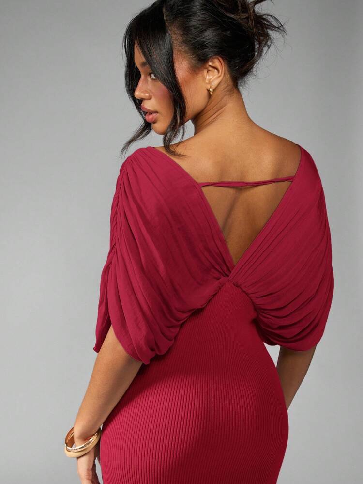 MISSGUIDED Vestido de noche largo con escote pronunciado, mangas dolman drapeadas, tejido acanalado con abertura lateral, elegante y formal para ocasiones especiales y bailes