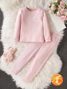 1 Set Young Girl Base Layer, Vibrant Pink Heart Print Soft Stretchy Fabric Long Sleeve Top And Pants Matching, Comfortable Fit And Easy Care (1 Set Sold Separately)