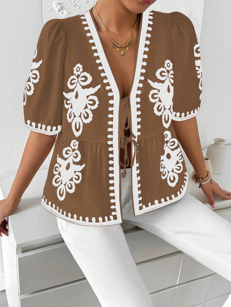 Breezaya 1 pieza Blusa de mujer con manga abullonada, volantes y moño con estampado all-over - Multicolor - Ver 1