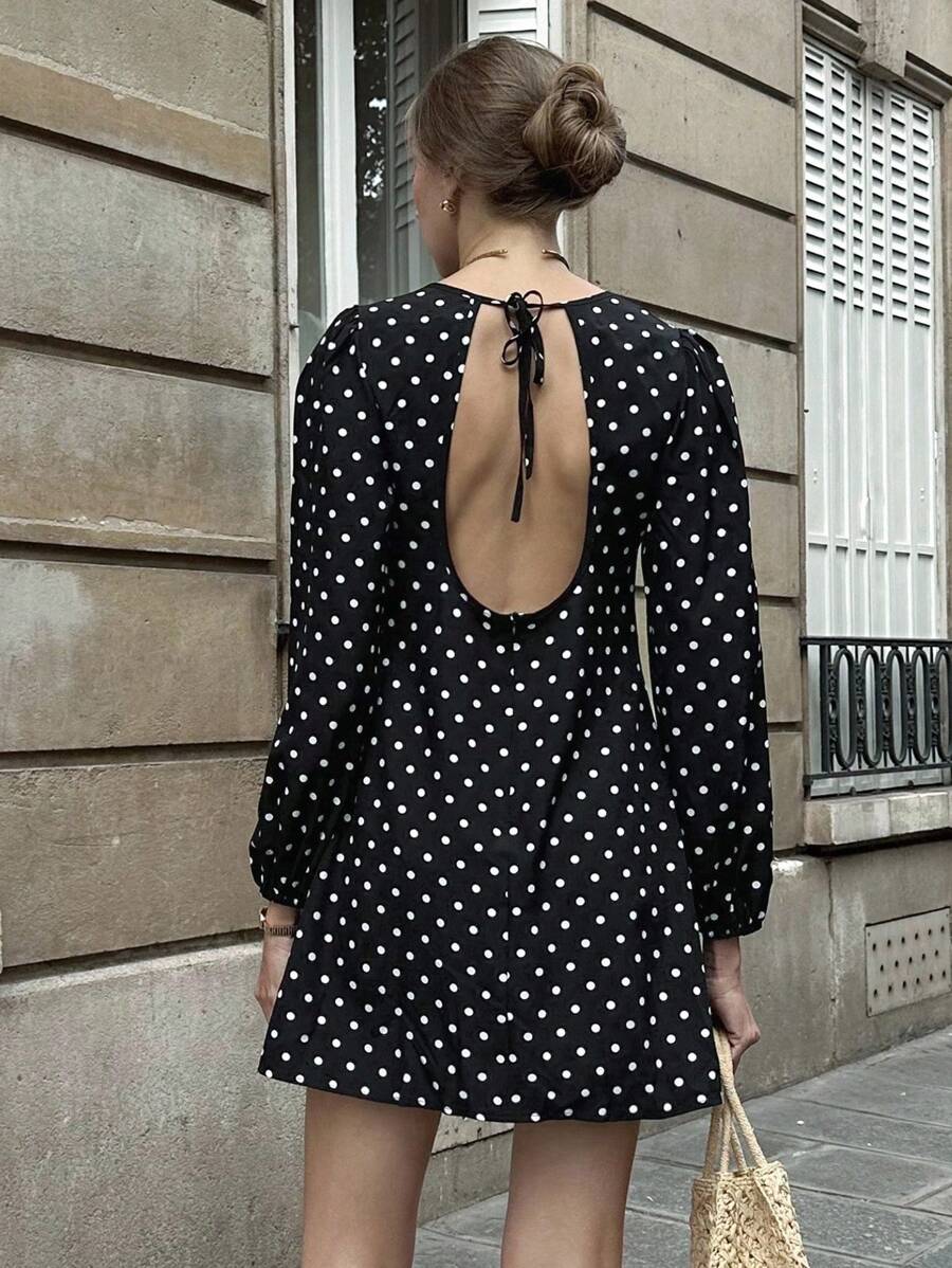 Pariaura Fashionable Polka Dot Casual Loose Round Neck Tie Back Long Sleeve Women Dress Fall Cloth For Women