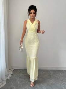 Elenzga 女士优雅提花拼布鱼尾无袖连衣裙，夏季 - 黃色 - 查看 6